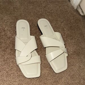 Zara Cream Slide Sandals with Woven Straps